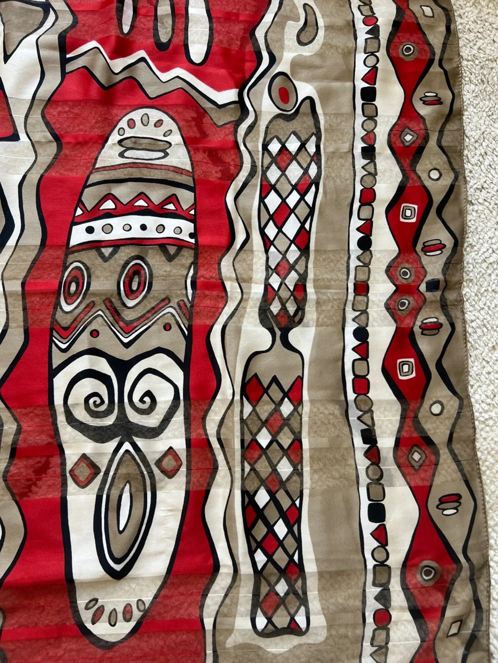 VTG Made in Italy Geometric Tribal Graphic Scarf Abstract Sheer Red Taupe 33